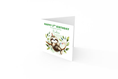 Personalised Age 3 Years Old 3rd Birthday Card for Boys or Girls – Sloth Jungle Animal Design with Custom Name & Message - for Little One, Grandson, Granddaughter, Nephew, Niece with Green Envelope