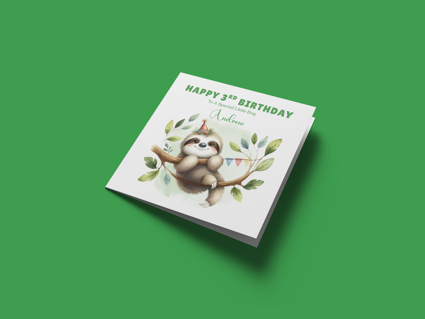 Personalised Age 3 Years Old 3rd Birthday Card for Boys or Girls – Sloth Jungle Animal Design with Custom Name & Message - for Little One, Grandson, Granddaughter, Nephew, Niece with Green Envelope