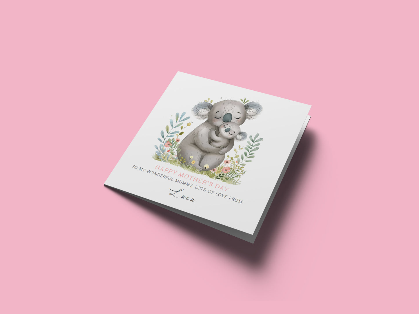 Personalised Happy Mother's Day Card with Custom Name for Her, Mummy, Mama, Mum, Mother to be, Mum to be, Grandma, Wife - Cute Koala Mum & Kid Design from Son, Daughter and Kids  Pink Envelope Included
