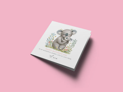 Personalised Happy Mother's Day Card with Custom Name for Her, Mummy, Mama, Mum, Mother to be, Mum to be, Grandma, Wife - Cute Koala Mum & Kid Design from Son, Daughter and Kids  Pink Envelope Included