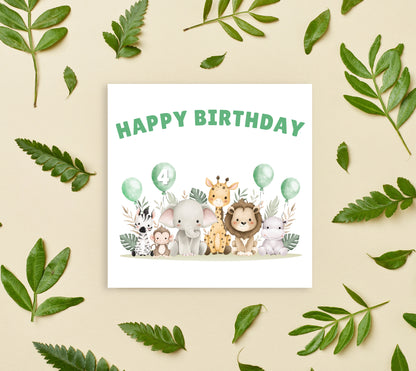 Safari Jungle Animals Happy Birthday Card, one Balloon contains the Birthday Age from 1 to 10 -Birthday Card for Baby Boy, Son, Grandson, Nephew, Children's Birthday Card – Green Envelope Included