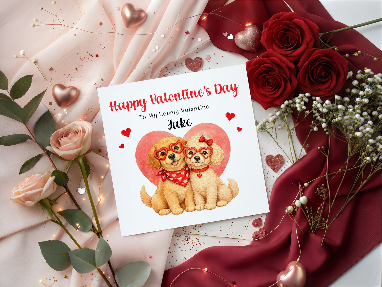 Personalised Cute Dogs Valentine’s Day Card wth Custom Message and Name - for Dog Lovers, Pet Owners, Wife, Husband, Boyfriend, Girlfriend, Fiance, Fiancee - for Him or Her - Red Envelope Included