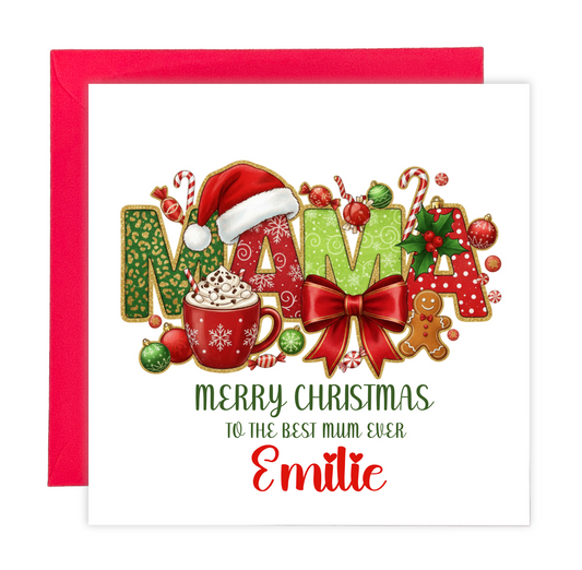 Personalised Christmas Card for MAMA Mum from Son or Daughter - Customised Name  – Mum Mummy Mama Xmas Card from Son, Daughter, Baby Boy, Baby GIrl - Red Envelope Included