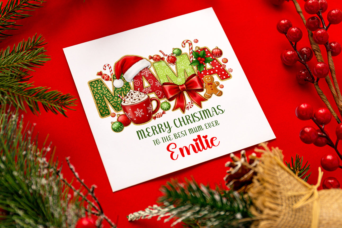Personalised Christmas Card for MAMA Mum from Son or Daughter - Customised Name  – Mum Mummy Mama Xmas Card from Son, Daughter, Baby Boy, Baby GIrl - Red Envelope Included