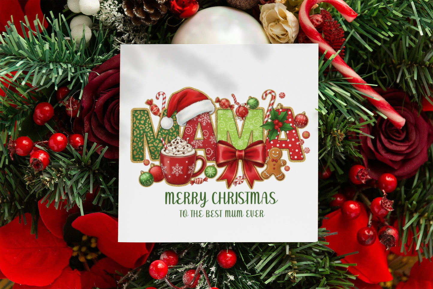 Christmas Card for MAMA Mum from Son or Daughter - Merry Christmas To The Best Mum Ever - Mummy Mama Xmas Card from Son, Daughter, Children, Toddlers, Teens or Adults- Red Envelope Included
