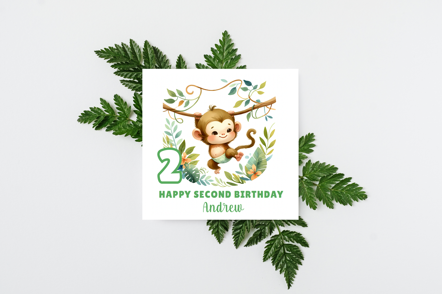 Personalised 2 Years Old 2nd Birthday Card for Toddler Boy – Monkey Jungle Animal Design with Custom Name - Age 2 Two-year-old Birthday Card for Son, Grandson Nephew - Green Envelope Included