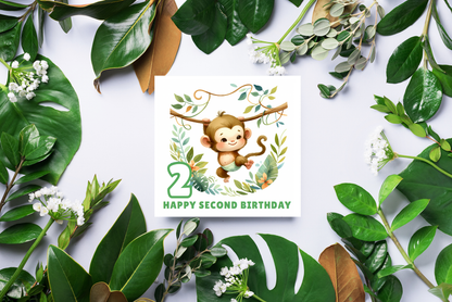 2 Years Old 2nd Birthday Card for Toddler Boy – Monkey in Jungle Animal Theme Design - Age 2 Two years old Birthday Card for Son, Grandson Nephew with Green Envelope