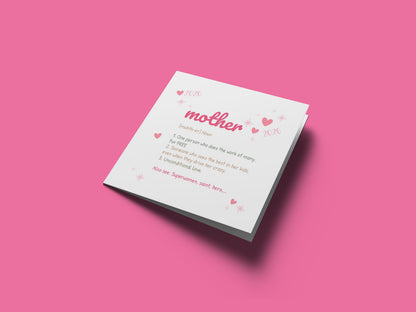 2026 Happy Mother’s Day Card -  Cute Mother Definition Design for Mother, Mum To Be, Step-Mum, Grranma, Wife – Sweet Spring Mother’s Day Card from Son or Daughter - Pink Envelope Included