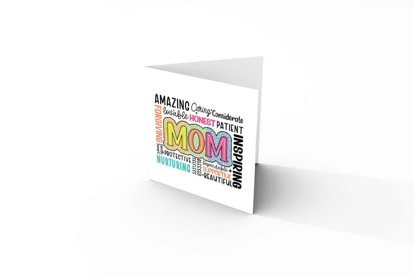 Happy Mother’s Day Card - Word Cloud “MOM” Design with Loving Traits Design for Mother, Mother To Be, Step-Mum, Grranma, Wife from Son or Daughter - Pink Envelope Included
