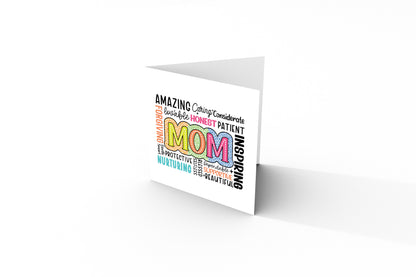 Happy Mother’s Day Card - Word Cloud “MOM” Design with Loving Traits Design for Mother, Mother To Be, Step-Mum, Grranma, Wife from Son or Daughter - Pink Envelope Included