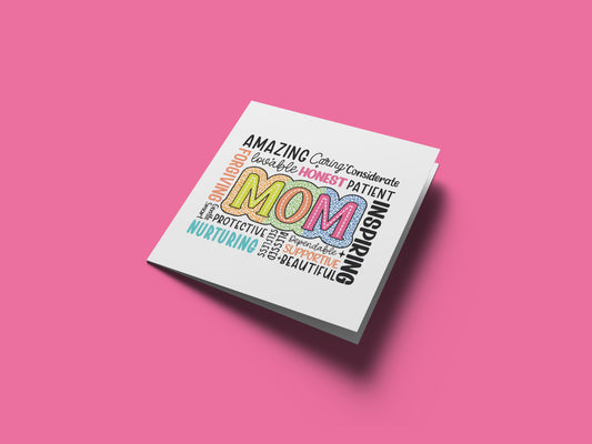 Happy Mother’s Day Card - Word Cloud “MOM” Design with Loving Traits Design for Mother, Mother To Be, Step-Mum, Grranma, Wife from Son or Daughter - Pink Envelope Included