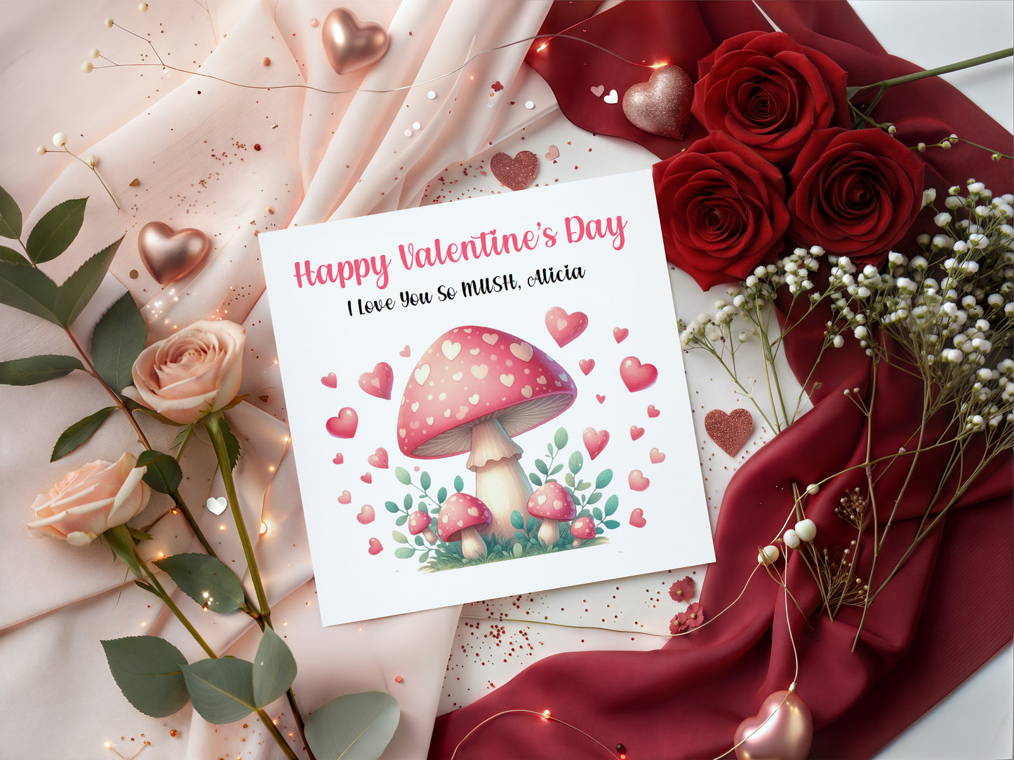 Personalised Happy Valentine’s Day Card with Cute Mushrooms Design for Loved Ones, Wife, Husband, Boyfriend, Girlfriend, Fiance, Fiancee - Custom Message & Name for Him or Her - Pink Envelope Included
