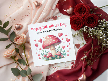 Personalised Happy Valentine’s Day Card with Cute Mushrooms Design for Loved Ones, Wife, Husband, Boyfriend, Girlfriend, Fiance, Fiancee - Custom Message & Name for Him or Her - Pink Envelope Included
