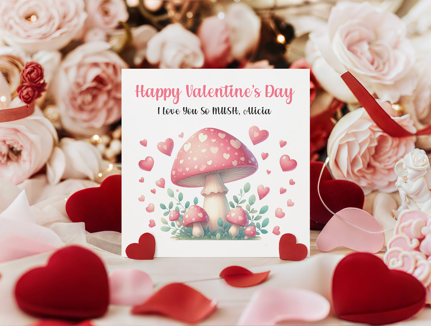 Personalised Happy Valentine’s Day Card with Cute Mushrooms Design for Loved Ones, Wife, Husband, Boyfriend, Girlfriend, Fiance, Fiancee - Custom Message & Name for Him or Her - Pink Envelope Included