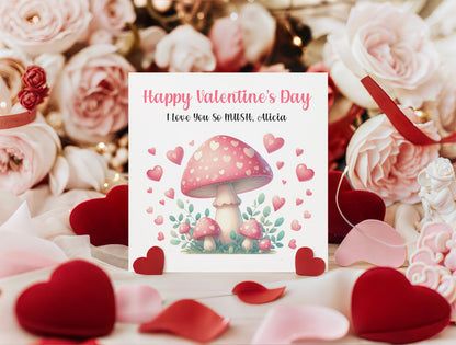 Personalised Happy Valentine’s Day Card with Cute Mushrooms Design for Loved Ones, Wife, Husband, Boyfriend, Girlfriend, Fiance, Fiancee - Custom Message & Name for Him or Her - Pink Envelope Included
