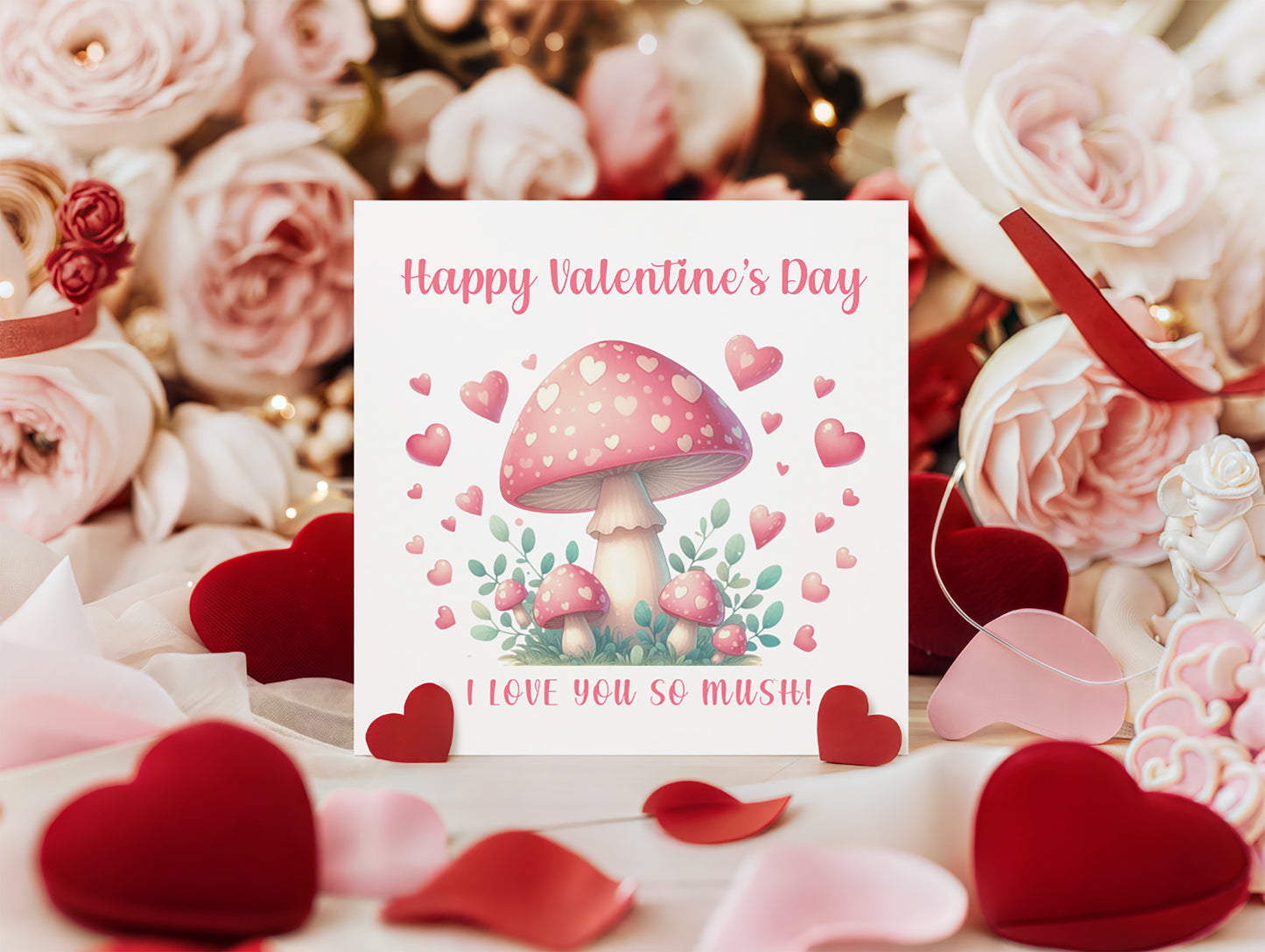 Happy Valentine’s Day Card with Cute Mushrooms Design - I Love You So Much for Loved Ones, Wife, Husband, Boyfriend, Girlfriend, Fiance, Fiancee, Partner, for Him or Her - Pink Envelope Included