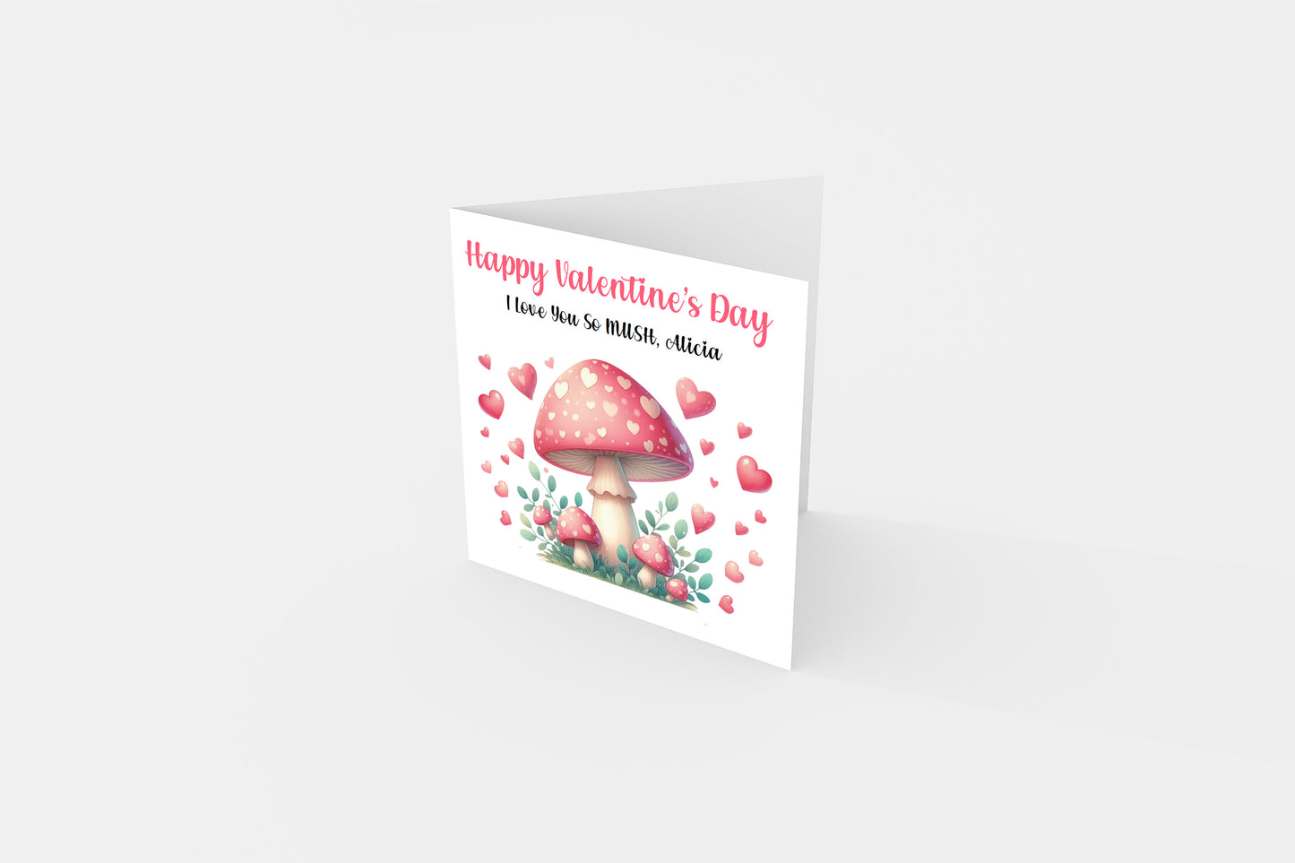 Personalised Happy Valentine’s Day Card with Cute Mushrooms Design for Loved Ones, Wife, Husband, Boyfriend, Girlfriend, Fiance, Fiancee - Custom Message & Name for Him or Her - Pink Envelope Included