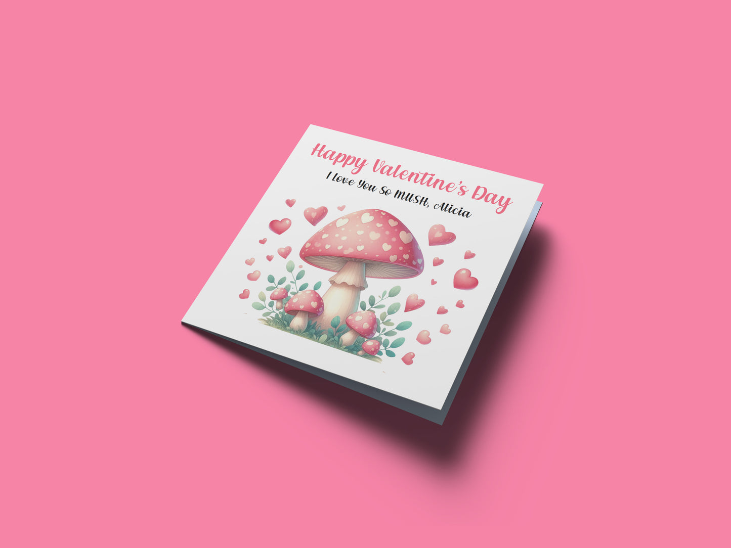 Personalised Happy Valentine’s Day Card with Cute Mushrooms Design for Loved Ones, Wife, Husband, Boyfriend, Girlfriend, Fiance, Fiancee - Custom Message & Name for Him or Her - Pink Envelope Included