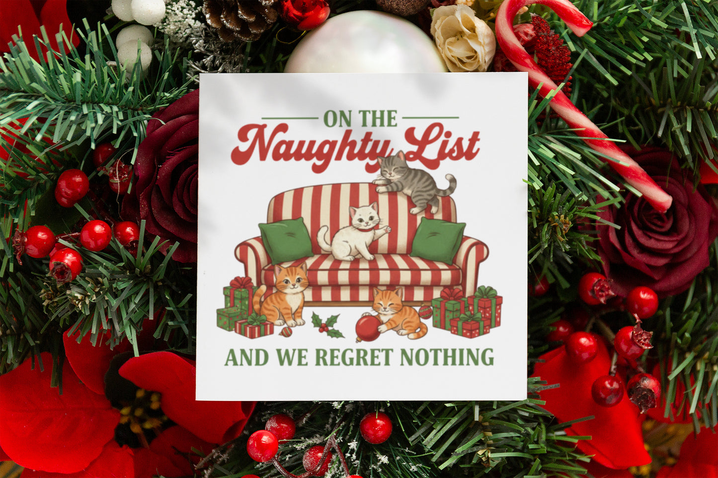 Funny Cats Christmas Card – On The Naughty List And We Regret Nothing – Cute Kittens Xmas Card for Cat Lovers – for Friends & Family, for Him, Her, Kids, Co-Workers –  Red Envelope Included