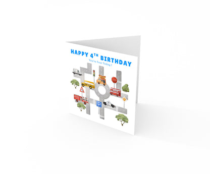 Happy 4 Years Old 4th Birthday Card for Boys – Cars & Road Map Design - Age 4 Vehicles Birthday Card for Kids, Children, Son, Grandson Nephew with Blue Envelope