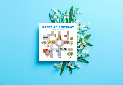Happy 4 Years Old 4th Birthday Card for Boys – Cars & Road Map Design - Age 4 Vehicles Birthday Card for Kids, Children, Son, Grandson Nephew with Blue Envelope