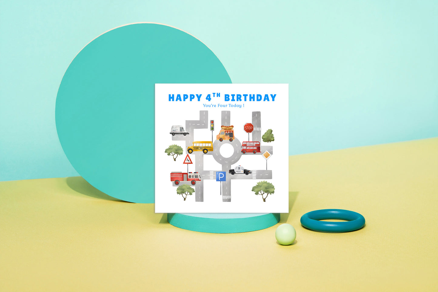 Happy 4 Years Old 4th Birthday Card for Boys – Cars & Road Map Design - Age 4 Vehicles Birthday Card for Kids, Children, Son, Grandson Nephew with Blue Envelope