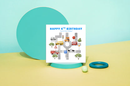 Happy 4 Years Old 4th Birthday Card for Boys – Cars & Road Map Design - Age 4 Vehicles Birthday Card for Kids, Children, Son, Grandson Nephew with Blue Envelope