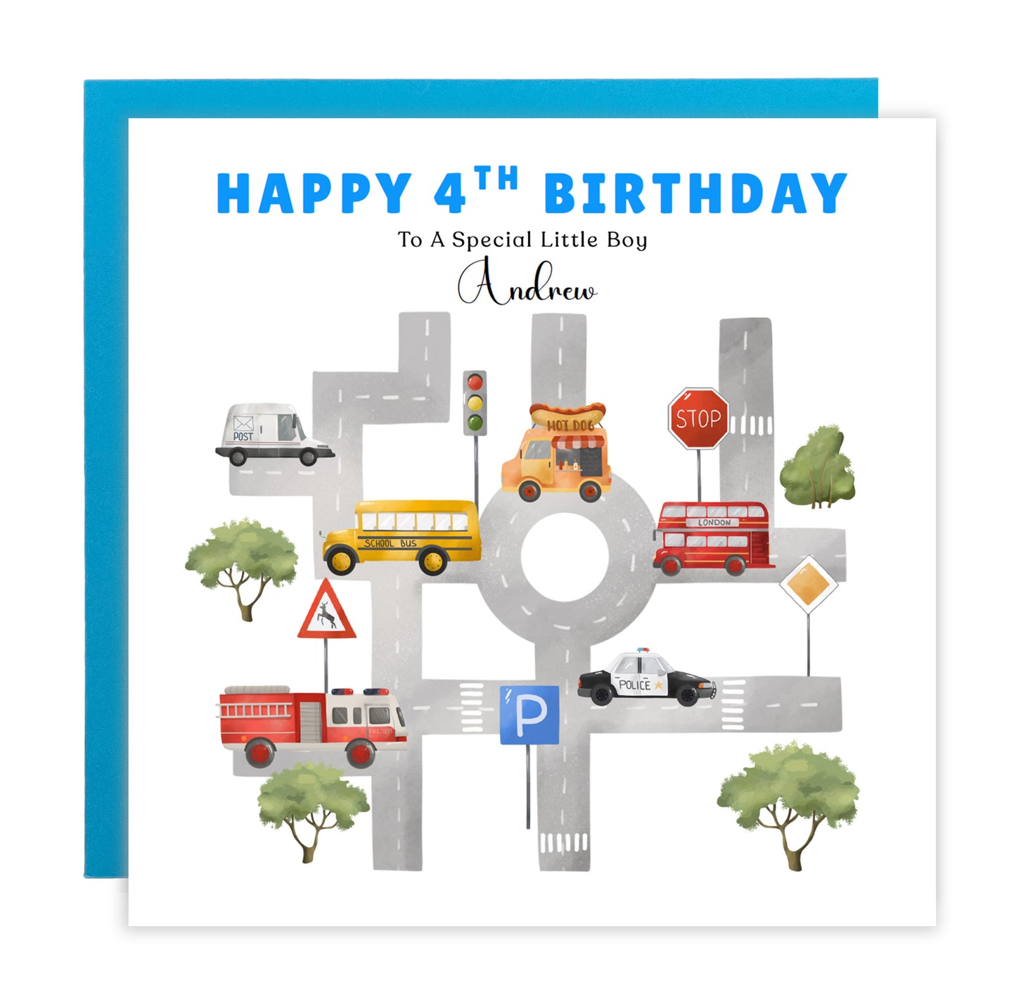 Personalised 4 Years Old 4th Birthday Card for Boys – Cars & Road Map Design with Custom Name & Message - Age 4 Vehicles Birthday Card for Kids, Children, Son, Grandson Nephew with Blue Envelope