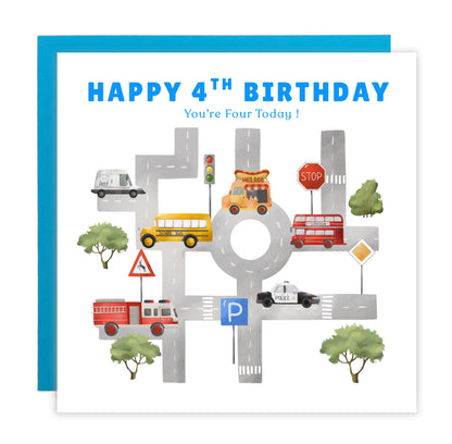 Happy 4 Years Old 4th Birthday Card for Boys – Cars & Road Map Design - Age 4 Vehicles Birthday Card for Kids, Children, Son, Grandson Nephew with Blue Envelope