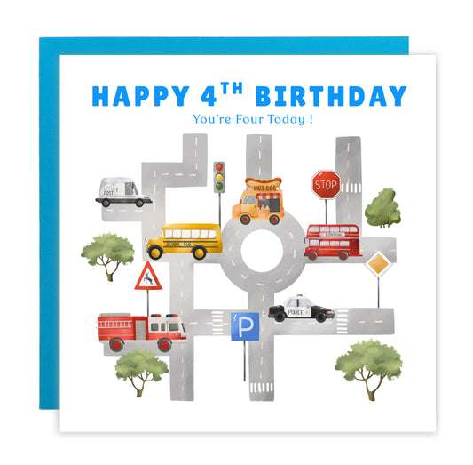 Happy 4 Years Old 4th Birthday Card for Boys – Cars & Road Map Design - Age 4 Vehicles Birthday Card for Kids, Children, Son, Grandson Nephew with Blue Envelope