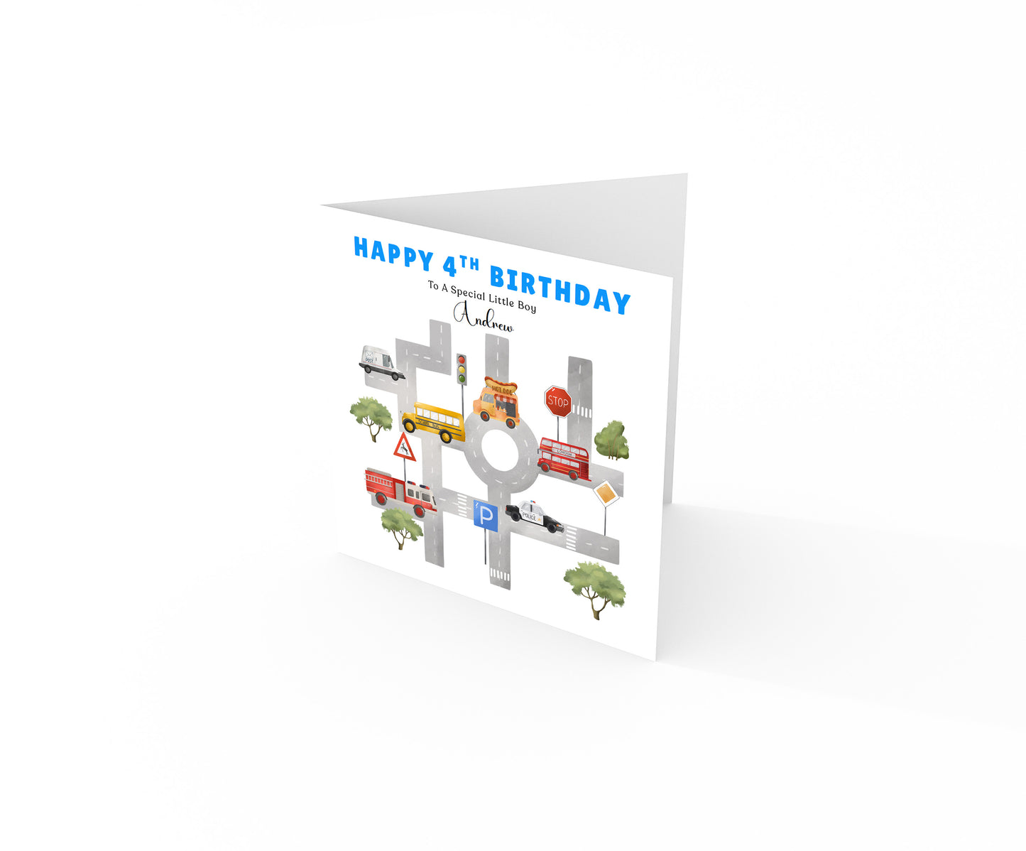 Personalised 4 Years Old 4th Birthday Card for Boys – Cars & Road Map Design with Custom Name & Message - Age 4 Vehicles Birthday Card for Kids, Children, Son, Grandson Nephew with Blue Envelope