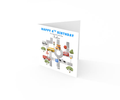 Personalised 4 Years Old 4th Birthday Card for Boys – Cars & Road Map Design with Custom Name & Message - Age 4 Vehicles Birthday Card for Kids, Children, Son, Grandson Nephew with Blue Envelope