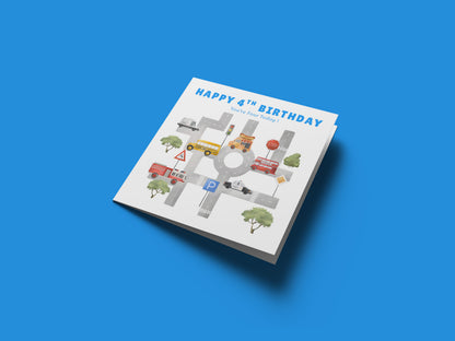 Happy 4 Years Old 4th Birthday Card for Boys – Cars & Road Map Design - Age 4 Vehicles Birthday Card for Kids, Children, Son, Grandson Nephew with Blue Envelope