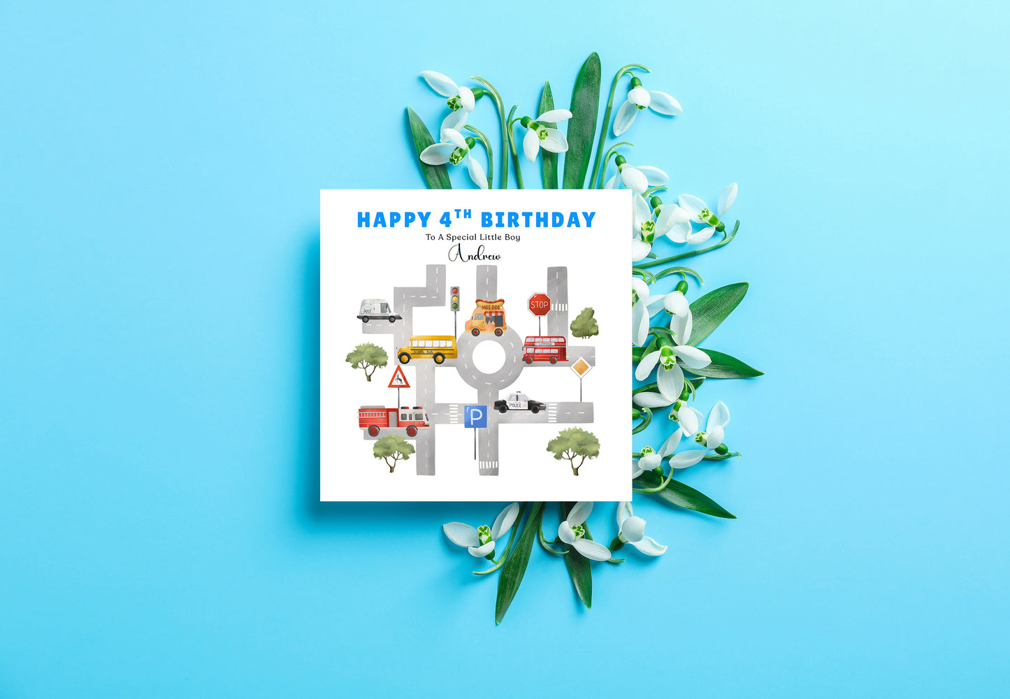 Personalised 4 Years Old 4th Birthday Card for Boys – Cars & Road Map Design with Custom Name & Message - Age 4 Vehicles Birthday Card for Kids, Children, Son, Grandson Nephew with Blue Envelope