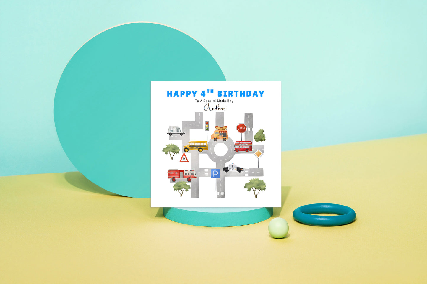 Personalised 4 Years Old 4th Birthday Card for Boys – Cars & Road Map Design with Custom Name & Message - Age 4 Vehicles Birthday Card for Kids, Children, Son, Grandson Nephew with Blue Envelope