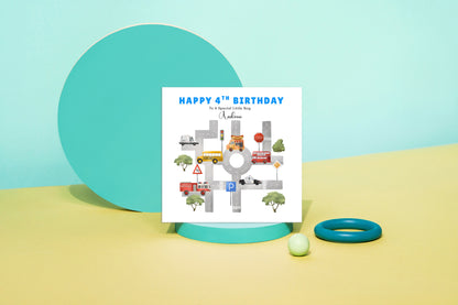 Personalised 4 Years Old 4th Birthday Card for Boys – Cars & Road Map Design with Custom Name & Message - Age 4 Vehicles Birthday Card for Kids, Children, Son, Grandson Nephew with Blue Envelope