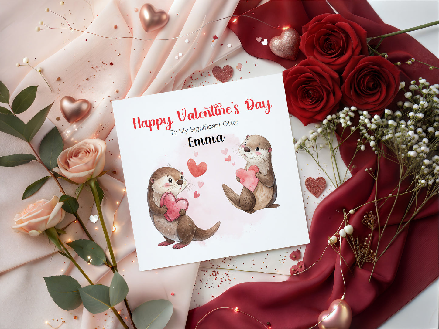 Personalised Valentine’s Day Card with Cute Otter Design with Custom Name - for Loved Ones, Wife, Husband, Boyfriend, Girlfriend - Cute Pun Love Card for Him or for Her - Red Envelope Included