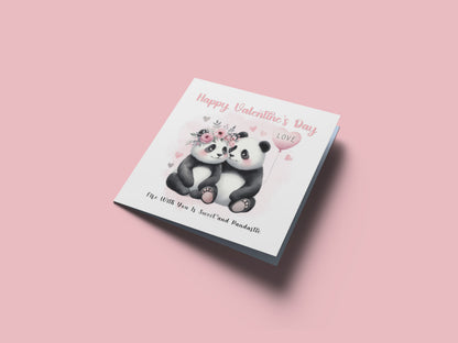 Cute Panda Couple Happy Valentine’s Day Card for Him or for Her - Love Card for Husband, Wife, Parents, Boyfriend, Girlfriend, Fiance, Fiancee, for Him or Her - Pink Envelope Included