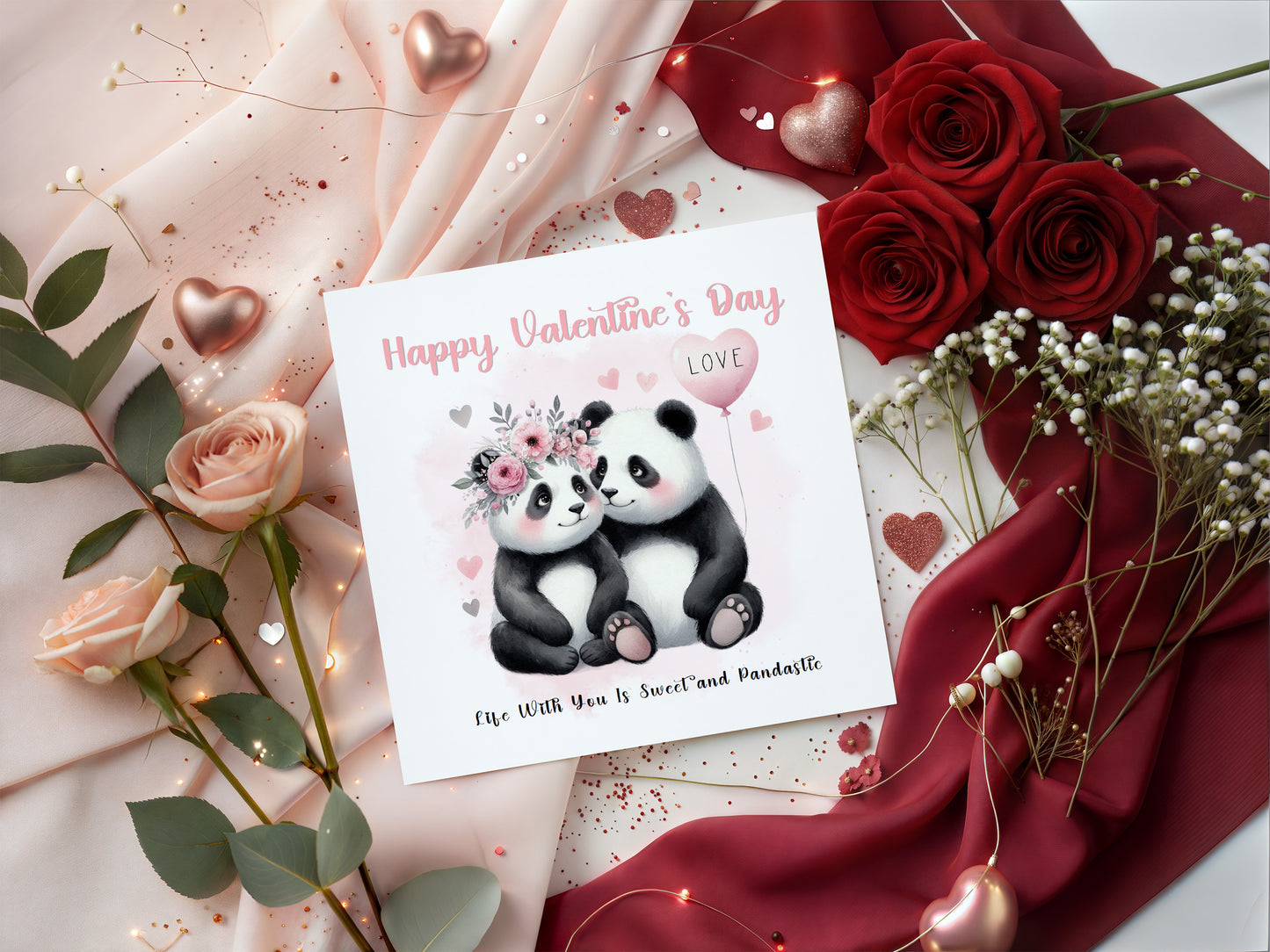 Cute Panda Couple Happy Valentine’s Day Card for Him or for Her - Love Card for Husband, Wife, Parents, Boyfriend, Girlfriend, Fiance, Fiancee, for Him or Her - Pink Envelope Included