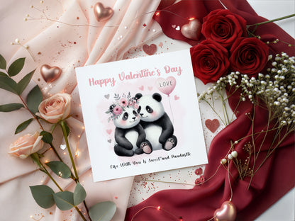 Cute Panda Couple Happy Valentine’s Day Card for Him or for Her - Love Card for Husband, Wife, Parents, Boyfriend, Girlfriend, Fiance, Fiancee, for Him or Her - Pink Envelope Included