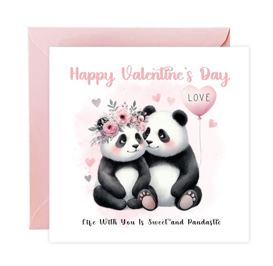 Cute Panda Couple Happy Valentine’s Day Card for Him or for Her - Love Card for Husband, Wife, Parents, Boyfriend, Girlfriend, Fiance, Fiancee, for Him or Her - Pink Envelope Included