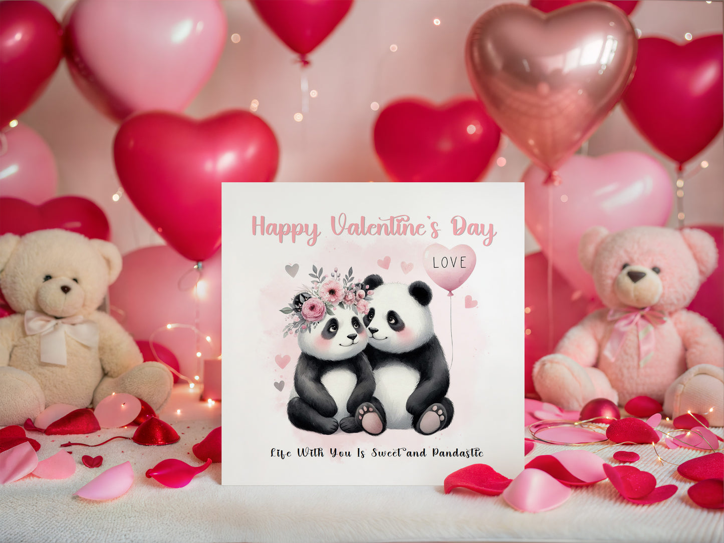 Cute Panda Couple Happy Valentine’s Day Card for Him or for Her - Love Card for Husband, Wife, Parents, Boyfriend, Girlfriend, Fiance, Fiancee, for Him or Her - Pink Envelope Included