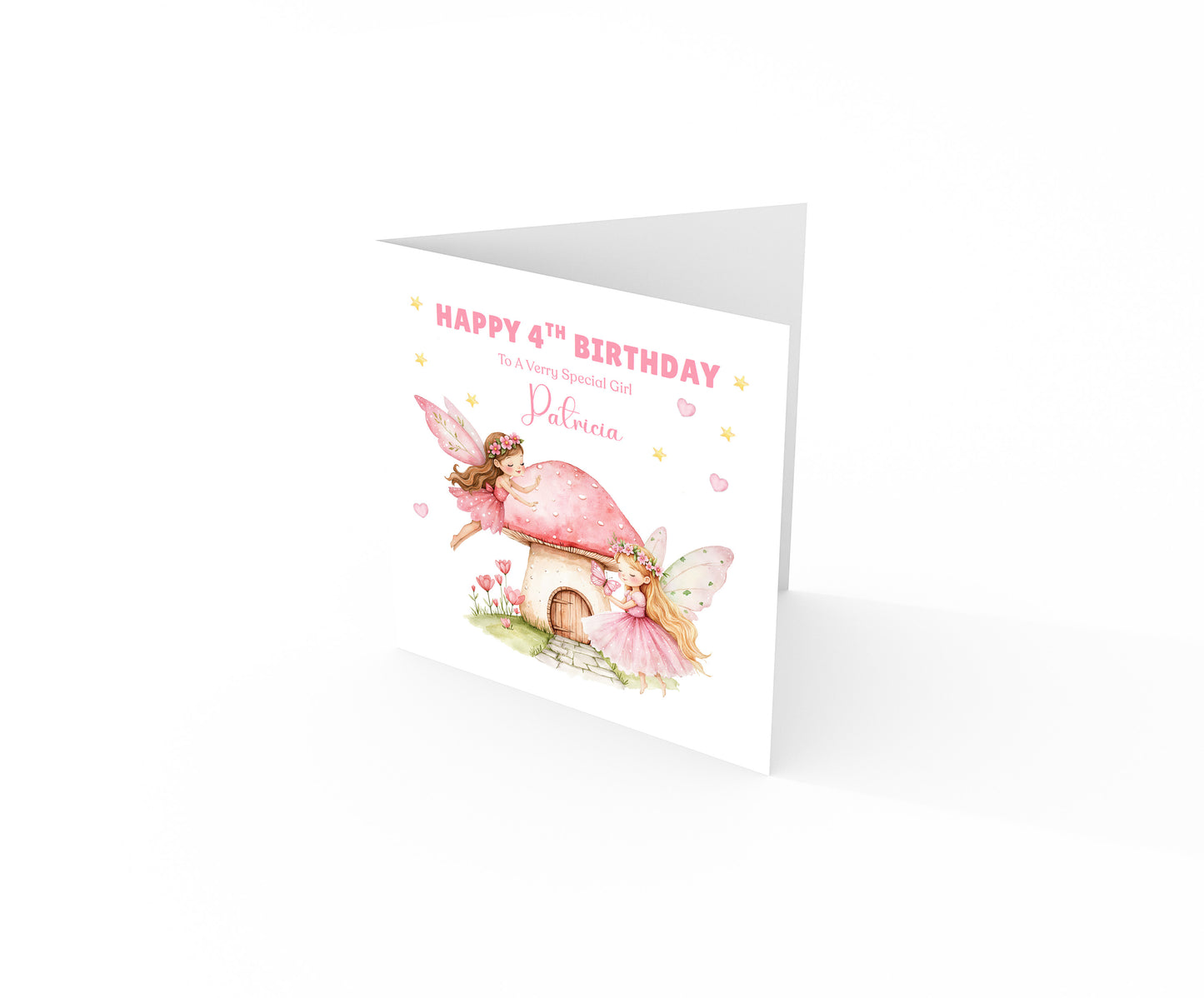 Personalised 4th Birthday Card for Girls – Pink Fairy Design with Custom Name and Message – Age 4 Years Old Birthday Card for Girls, Kids, Daughter, Granddaughter, Niece – Pink Envelope Included