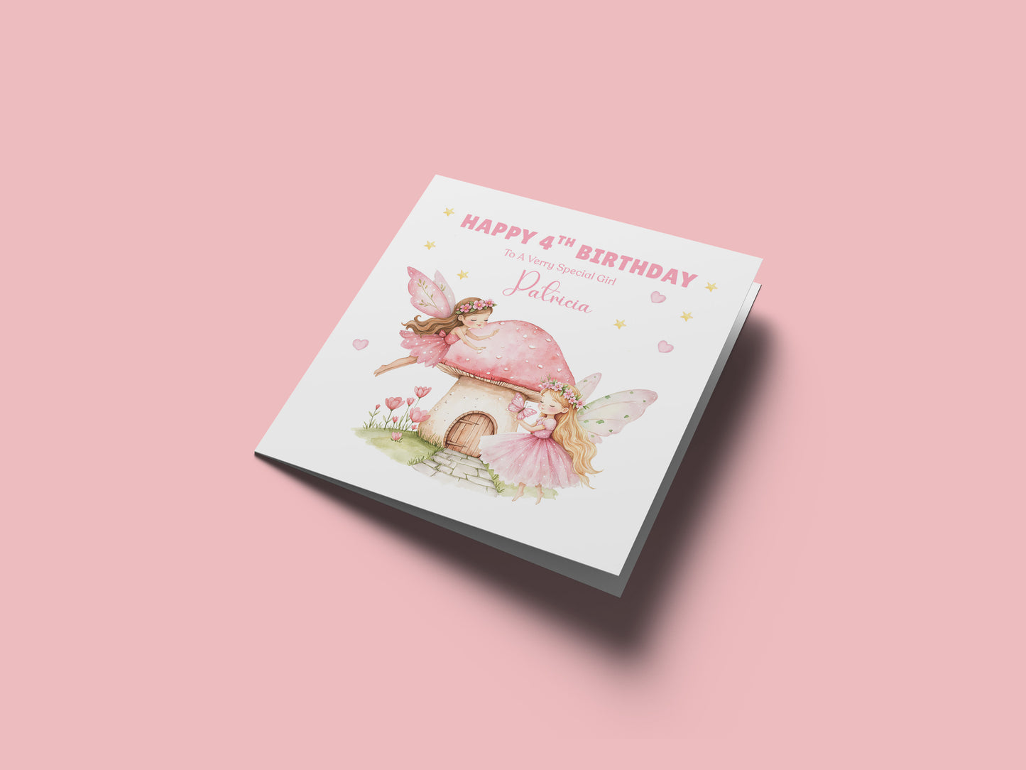 Personalised 4th Birthday Card for Girls – Pink Fairy Design with Custom Name and Message – Age 4 Years Old Birthday Card for Girls, Kids, Daughter, Granddaughter, Niece – Pink Envelope Included
