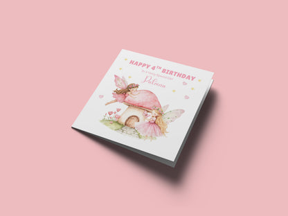 Personalised 4th Birthday Card for Girls – Pink Fairy Design with Custom Name and Message – Age 4 Years Old Birthday Card for Girls, Kids, Daughter, Granddaughter, Niece – Pink Envelope Included