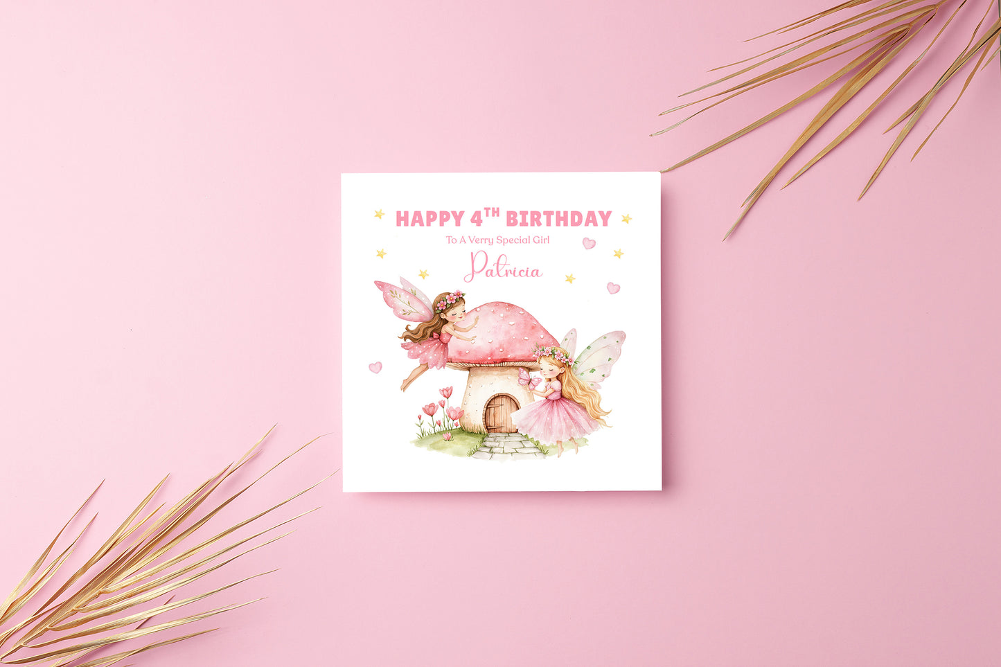 Personalised 4th Birthday Card for Girls – Pink Fairy Design with Custom Name and Message – Age 4 Years Old Birthday Card for Girls, Kids, Daughter, Granddaughter, Niece – Pink Envelope Included