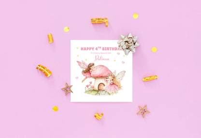 Personalised 4th Birthday Card for Girls – Pink Fairy Design with Custom Name and Message – Age 4 Years Old Birthday Card for Girls, Kids, Daughter, Granddaughter, Niece – Pink Envelope Included