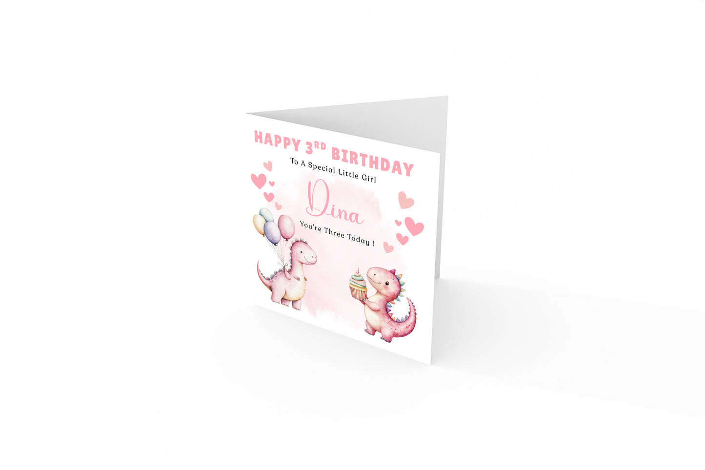 3 Years Old 3rd Birthday Card for Toddler Girl – Cute Dinosaur Design - Age 3 Year Old Magical Birthday Card for Little Girls, Daughter, Granddaughter, Niece - Pink Envelope Included