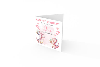 3 Years Old 3rd Birthday Card for Toddler Girl – Cute Dinosaur Design - Age 3 Year Old Magical Birthday Card for Little Girls, Daughter, Granddaughter, Niece - Pink Envelope Included