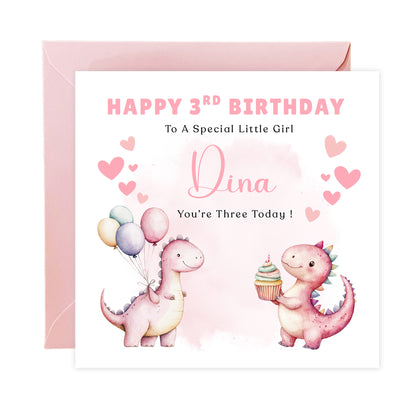 3 Years Old 3rd Birthday Card for Toddler Girl – Cute Dinosaur Design - Age 3 Year Old Magical Birthday Card for Little Girls, Daughter, Granddaughter, Niece - Pink Envelope Included